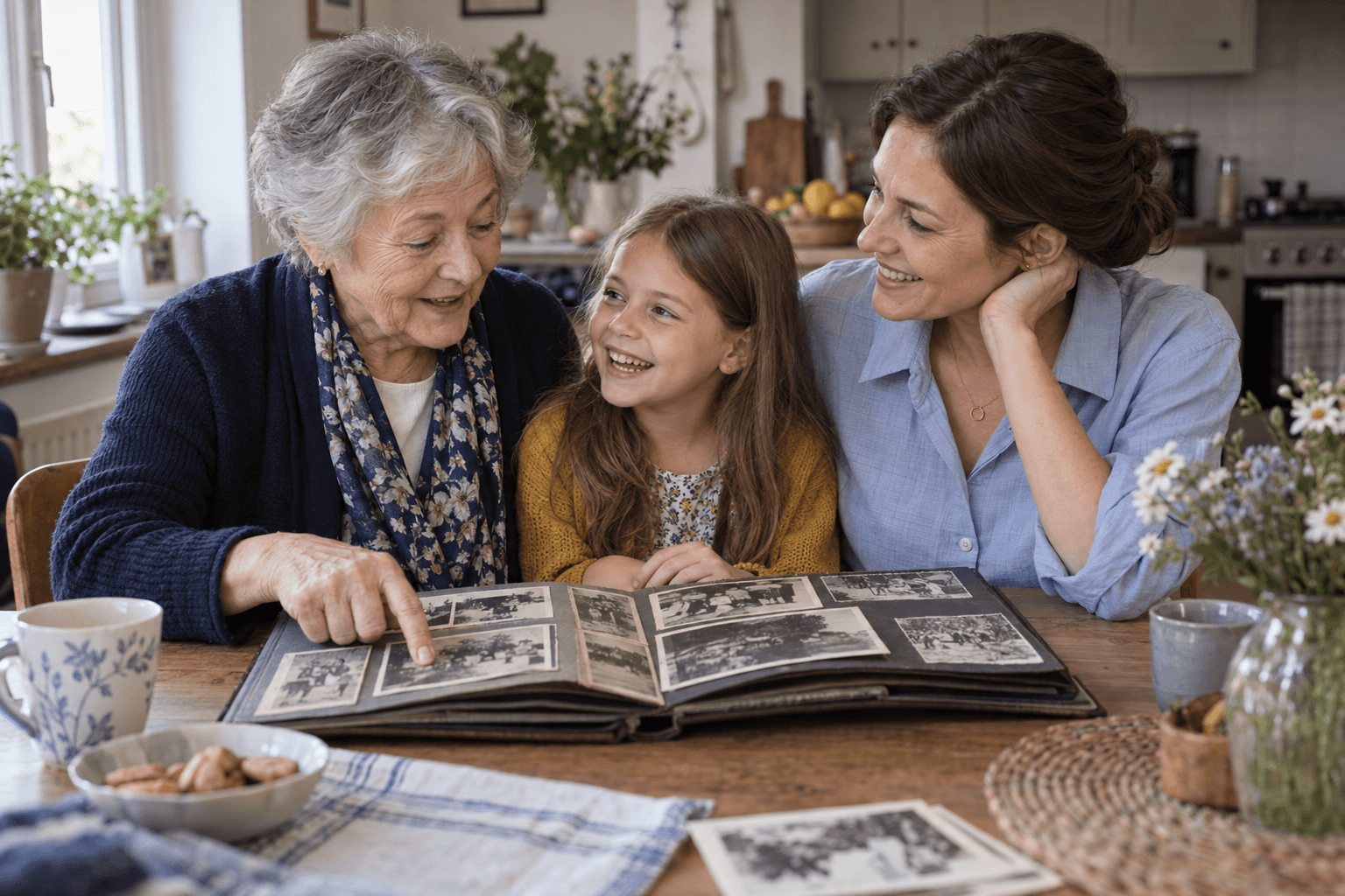 AI-generated illustration of three generations sharing family stories over a photo album